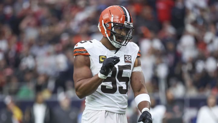 Jan 13, 2024; Houston, Texas, USA; Cleveland Browns defensive end Myles Garrett (95) reacts in a 2024 AFC wild card game against the Houston Texans at NRG Stadium. Mandatory Credit: Troy Taormina-USA TODAY Sports Jan 13, 2024; Houston, Texas, USA; Cleveland Browns defensive end Myles Garrett (95) reacts in a 2024 AFC wild card game against the Houston Texans at NRG Stadium. Mandatory Credit: Troy Taormina-USA TODAY Sports