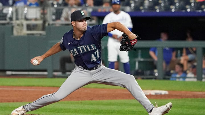 Seattle Mariners relief pitcher Matt Brash (47) delivers a pitch against the Kansas City Royals in the ninth inning at Kauffman Stadium in 2023.
