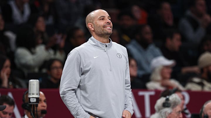 Feb 7, 2025; Brooklyn, New York, USA; Brooklyn Nets head coach Jordi Fernandez reacts during the first half against the Miami Heat at Barclays Center. Mandatory Credit: Vincent Carchietta-Imagn Images