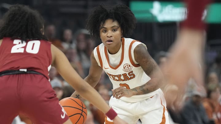Jan 9, 2025; Austin, Texas, USA; Texas Longhorns guard Rori Harmon (3) looks to pass the ball during the first half against the Alabama Crimson Tide at Moody Center. Mandatory Credit: Scott Wachter-Imagn Images