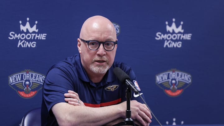 Sep 26, 2022; New Orleans, LA, USA; New Orleans Pelicans vice president of basketball operations David Griffin during a press conference at the New Orleans Pelicans Media Day from the Smoothie King Center. Mandatory Credit: Stephen Lew-USA TODAY Sports Sep 26, 2022; New Orleans, LA, USA; New Orleans Pelicans vice president of basketball operations David Griffin during a press conference at the New Orleans Pelicans Media Day from the Smoothie King Center. Mandatory Credit: Stephen Lew-USA TODAY Sports
