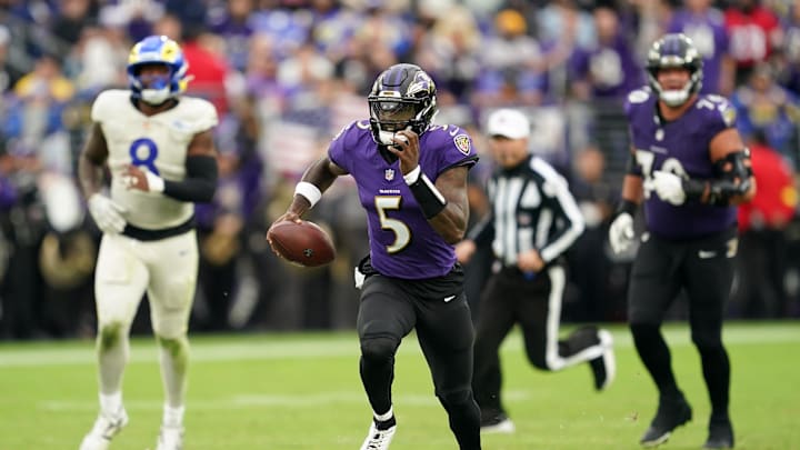 Oct 12, 2025; Baltimore, Maryland, USA; Baltimore Ravens quarterback Tyler Huntley (5) scrambles with the ball against the Los Angeles Rams during the fourth quarter of the game at M&T Bank Stadium. Mandatory Credit: Mitch Stringer-Imagn Images Oct 12, 2025; Baltimore, Maryland, USA; Baltimore Ravens quarterback Tyler Huntley (5) scrambles with the ball against the Los Angeles Rams during the fourth quarter of the game at M&T Bank Stadium. Mandatory Credit: Mitch Stringer-Imagn Images