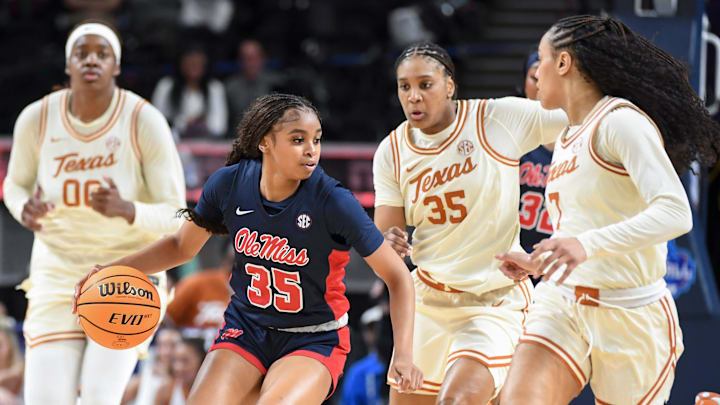 Ole Miss Rebels guard Tianna Thompson (35) drives to the basket Saturday, March 7, 2026, during the SEC Women's Basketball Tournament semifinals game against the Texas Longhorns at Bon Secours Wellness Arena in Greenville, South Carolina. Texas Longhorns won 85-68.