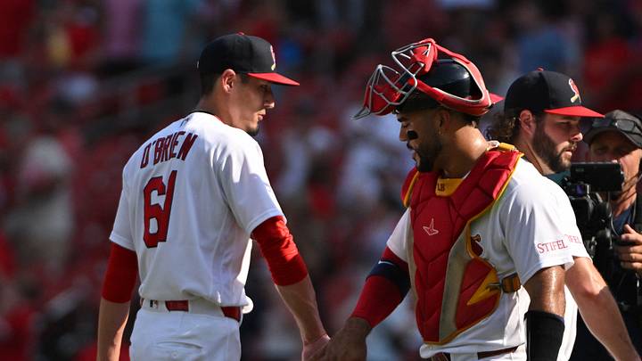 Sep 20, 2026; St. Louis, Missouri, USA; St. Louis Cardinals pitcher Riley O'Brien (61) celebrates with catcher Leo Bernal (13) after defeating the Washington Nationals at Busch Stadium. Mandatory Credit: Jeff Le-Imagn Images Sep 20, 2026; St. Louis, Missouri, USA; St. Louis Cardinals pitcher Riley O'Brien (61) celebrates with catcher Leo Bernal (13) after defeating the Washington Nationals at Busch Stadium. Mandatory Credit: Jeff Le-Imagn Images