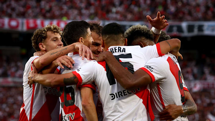 Miguel Borja of River Plate and his teammates celebrate a...
