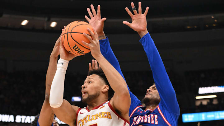 Mar 20, 2026; St. Louis, MO, USA; Iowa State Cyclones forward Joshua Jefferson (5) shoots a layup against Tennessee State Tigers forwards Antoine Lorick III (11) and Jalen Pitre (0) during the first half of a first round game of the men's 2026 NCAA Tournament at Enterprise Center. Mandatory Credit: Jeff Curry-Imagn Images Mar 20, 2026; St. Louis, MO, USA; Iowa State Cyclones forward Joshua Jefferson (5) shoots a layup against Tennessee State Tigers forwards Antoine Lorick III (11) and Jalen Pitre (0) during the first half of a first round game of the men's 2026 NCAA Tournament at Enterprise Center. Mandatory Credit: Jeff Curry-Imagn Images