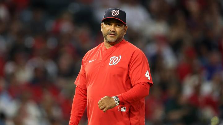 Jun 27, 2025; Anaheim, California, USA;  Washington Nationals manager Dave Martinez (4) walks back to a dugout after making a pitching change in the fifth inning against the Los Angeles Angels at Angel Stadium. Mandatory Credit: Kiyoshi Mio-Imagn Images