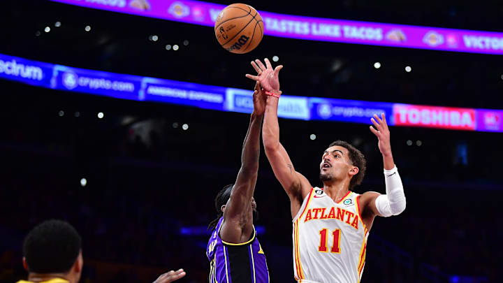 Jan 6, 2023; Los Angeles, California, USA; Atlanta Hawks guard Trae Young (11) shoots against Los Angeles Lakers guard Patrick Beverley (21) during the first half at Crypto.com Arena. Mandatory Credit: Gary A. Vasquez-Imagn Images Jan 6, 2023; Los Angeles, California, USA; Atlanta Hawks guard Trae Young (11) shoots against Los Angeles Lakers guard Patrick Beverley (21) during the first half at Crypto.com Arena. Mandatory Credit: Gary A. Vasquez-Imagn Images