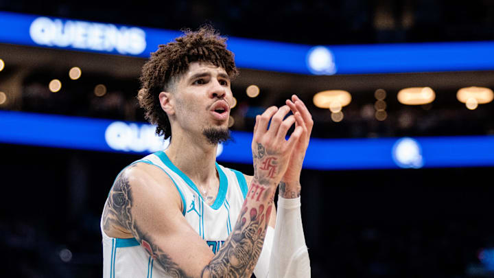 Mar 7, 2025; Charlotte, North Carolina, USA; Charlotte Hornets guard LaMelo Ball (1) reacts to a foul during the third quarter against the Cleveland Cavaliers at Spectrum Center. Mandatory Credit: Scott Kinser-Imagn Images Mar 7, 2025; Charlotte, North Carolina, USA; Charlotte Hornets guard LaMelo Ball (1) reacts to a foul during the third quarter against the Cleveland Cavaliers at Spectrum Center. Mandatory Credit: Scott Kinser-Imagn Images
