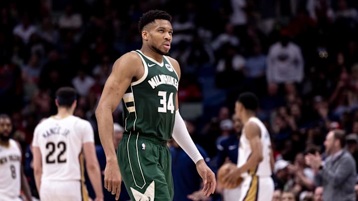 Mar 28, 2024; New Orleans, Louisiana, USA; Milwaukee Bucks forward Giannis Antetokounmpo (34) looks on against the New Orleans Pelicans during the second half at Smoothie King Center. Mandatory Credit: Stephen Lew-Imagn Images Mar 28, 2024; New Orleans, Louisiana, USA; Milwaukee Bucks forward Giannis Antetokounmpo (34) looks on against the New Orleans Pelicans during the second half at Smoothie King Center. Mandatory Credit: Stephen Lew-Imagn Images
