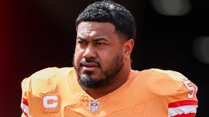 Tampa Bay Buccaneers defensive tackle Vita Vea warms up before a game against the Atlanta Falcons.