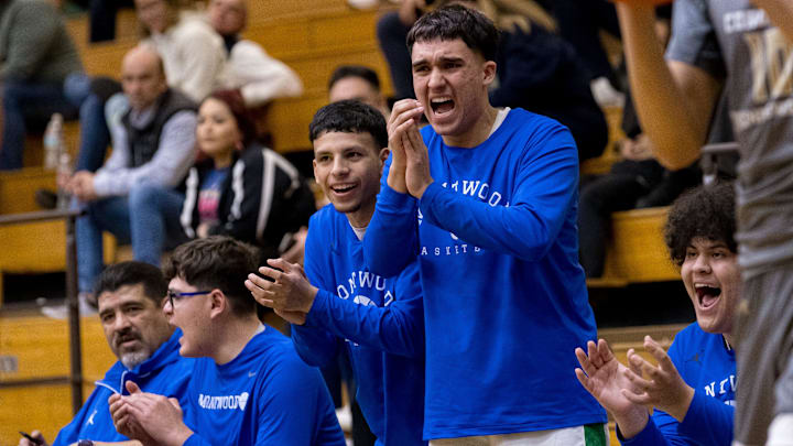 The Montwood bench celebrates during a District 1-6A boys basketball game against Coronado at Montwood High School in El Paso, Texas, on Tuesday, Jan. 6, 2026.