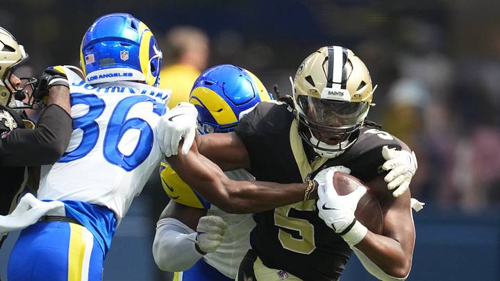Aug 22, 2026; Inglewood, California, USA; New Orleans Saints running back Kendre Miller (5) carries the ball against Los Angeles Rams cornerback Alex Johnson (36) and linebacker Monty Rice (8) in the second half at SoFi Stadium. Mandatory Credit: Kirby Lee-Imagn Images Aug 22, 2026; Inglewood, California, USA; New Orleans Saints running back Kendre Miller (5) carries the ball against Los Angeles Rams cornerback Alex Johnson (36) and linebacker Monty Rice (8) in the second half at SoFi Stadium. Mandatory Credit: Kirby Lee-Imagn Images