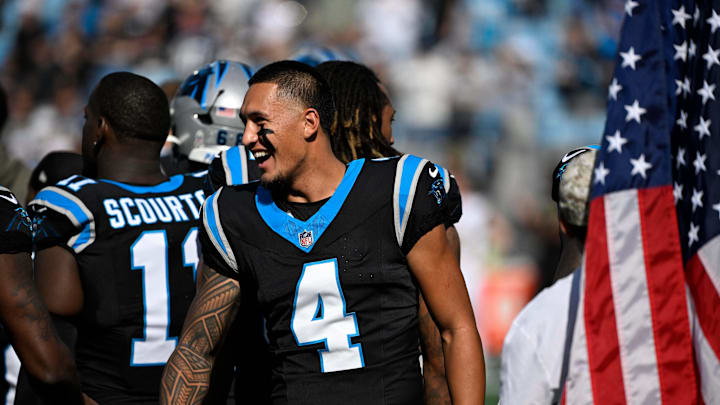 Nov 9, 2025; Charlotte, North Carolina, USA; Carolina Panthers wide receiver Tetairoa McMillan (4) during player introductions at Bank of America Stadium. 