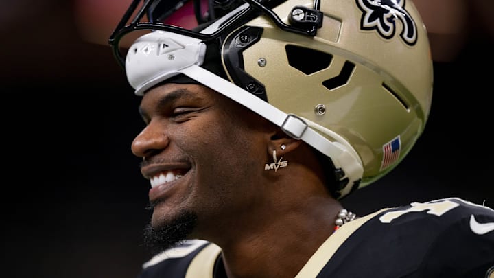 Dec 1, 2024; New Orleans, Louisiana, USA; New Orleans Saints wide receiver Marquez Valdes-Scantling (10) smiles before a game against the Los Angeles Rams at Caesars Superdome. 