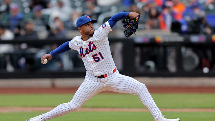 Apr 30, 2026; New York City, New York, USA; New York Mets starting pitcher Freddy Peralta (51) pitches against the Washington Nationals during the sixth inning at Citi Field. Mandatory Credit: Brad Penner-Imagn Images