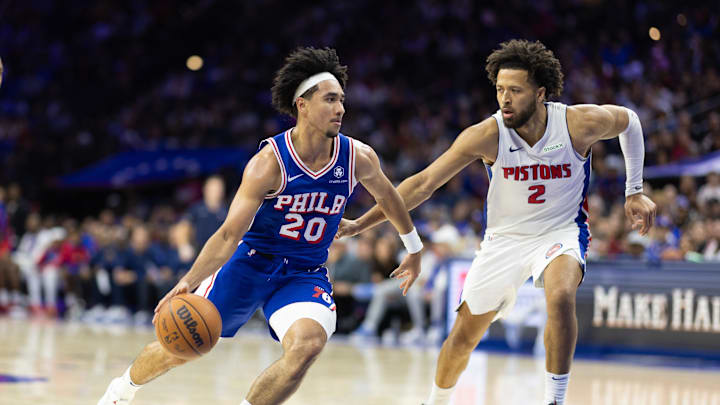 Oct 30, 2024; Philadelphia, Pennsylvania, USA; Philadelphia 76ers guard Jared McCain (20) drives against Detroit Pistons guard Cade Cunningham (2) during the fourth quarter at Wells Fargo Center. Mandatory Credit: Bill Streicher-Imagn Images Oct 30, 2024; Philadelphia, Pennsylvania, USA; Philadelphia 76ers guard Jared McCain (20) drives against Detroit Pistons guard Cade Cunningham (2) during the fourth quarter at Wells Fargo Center. Mandatory Credit: Bill Streicher-Imagn Images