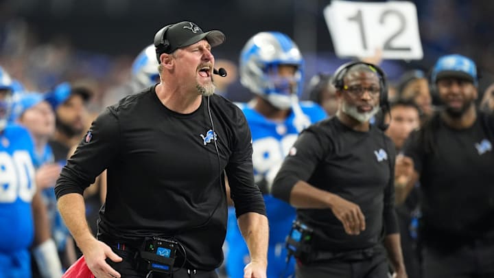 Detroit Lions Dan Campbell on the sideline during the second half against the Washington Commanders of the NFC divisional round at Ford Field in Detroit on Saturday, Jan. 18, 2025.