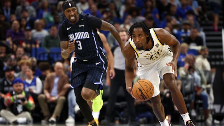 Oct 28, 2024; Orlando, Florida, USA; Indiana Pacers forward Aaron Nesmith (23) controls the ball against the Orlando Magic in the third quarter at Kia Center. Mandatory Credit: Nathan Ray Seebeck-Imagn Images Oct 28, 2024; Orlando, Florida, USA; Indiana Pacers forward Aaron Nesmith (23) controls the ball against the Orlando Magic in the third quarter at Kia Center. Mandatory Credit: Nathan Ray Seebeck-Imagn Images