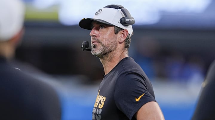 Aug 21, 2025; Charlotte, North Carolina, USA; Pittsburgh Steelers quarterback Aaron Rodgers (8) during the first quarter Carolina Panthers at Bank of America Stadium. Mandatory Credit: Jim Dedmon-Imagn Images