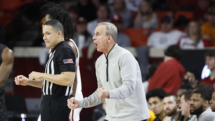 Feb 8, 2025; Norman, Oklahoma, USA; Tennessee Volunteers head coach Rick Barnes reacts after a play against the Oklahoma Sooners during the second half at Lloyd Noble Center. Mandatory Credit: Alonzo Adams-Imagn Images