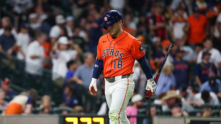 Aug 16, 2026; Houston, Texas, USA;  Houston Astros center fielder Daulton Varsho (18) reacts after striking out with the bases loaded against the Seattle Mariners in the eighth inning at Daikin Park. Mandatory Credit: Thomas Shea-Imagn Images