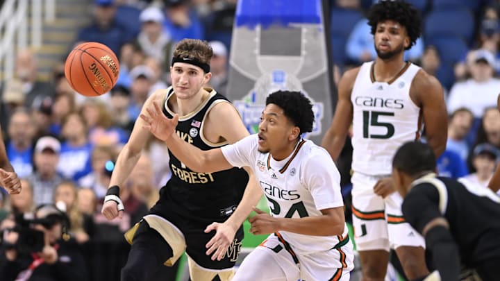 Mar 9, 2023; Greensboro, NC, USA; Miami (Fl) Hurricanes guard Nijel Pack (24) with the ball as Wake
