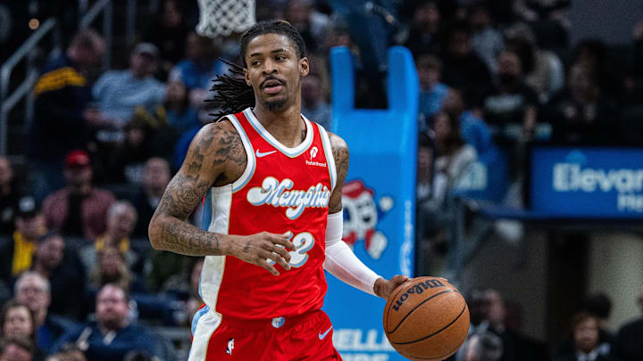 Feb 20, 2025; Indianapolis, Indiana, USA; Memphis Grizzlies guard Ja Morant (12) dribbles the ball in the first half against the Indiana Pacers at Gainbridge Fieldhouse. Mandatory Credit: Trevor Ruszkowski-Imagn Images Feb 20, 2025; Indianapolis, Indiana, USA; Memphis Grizzlies guard Ja Morant (12) dribbles the ball in the first half against the Indiana Pacers at Gainbridge Fieldhouse. Mandatory Credit: Trevor Ruszkowski-Imagn Images