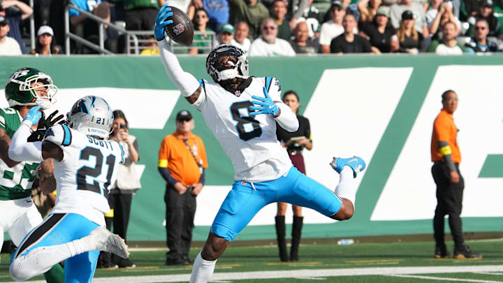 Oct 19, 2025; East Rutherford, New Jersey, USA; Carolina Panthers cornerback Jaycee Horn (8) intercepts a pass during the third quarter against the New York Jets at MetLife Stadium. Mandatory Credit: Robert Deutsch-Imagn Images Oct 19, 2025; East Rutherford, New Jersey, USA; Carolina Panthers cornerback Jaycee Horn (8) intercepts a pass during the third quarter against the New York Jets at MetLife Stadium. Mandatory Credit: Robert Deutsch-Imagn Images
