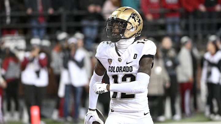 Nov 17, 2023; Pullman, Washington, USA; Colorado Buffaloes cornerback Travis Hunter (12) celebrates Nov 17, 2023; Pullman, Washington, USA; Colorado Buffaloes cornerback Travis Hunter (12) celebrates