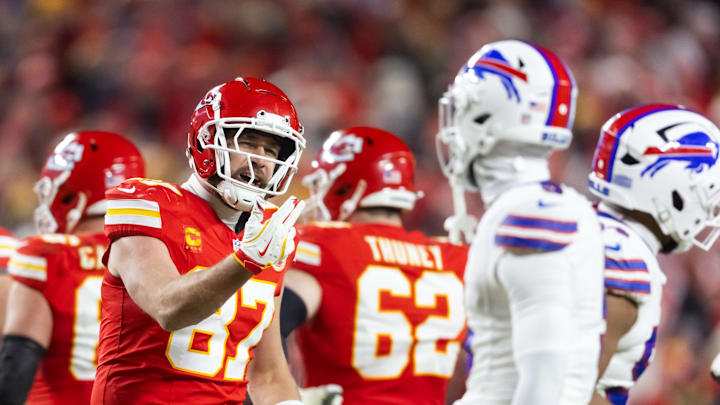 Jan 26, 2025; Kansas City, MO, USA; Kansas City Chiefs tight end Travis Kelce (87) reacts against the Buffalo Bills during the AFC Championship game at GEHA Field at Arrowhead Stadium. Mandatory Credit: Mark J. Rebilas-Imagn Images Jan 26, 2025; Kansas City, MO, USA; Kansas City Chiefs tight end Travis Kelce (87) reacts against the Buffalo Bills during the AFC Championship game at GEHA Field at Arrowhead Stadium. Mandatory Credit: Mark J. Rebilas-Imagn Images