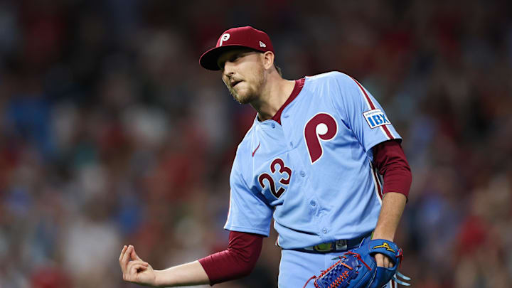Philadelphia Phillies pitcher Jeff Hoffman (23) snaps his fingers in reaction to the final out in a victory against the Atlanta Braves at Citizens Bank Park on Aug 29.