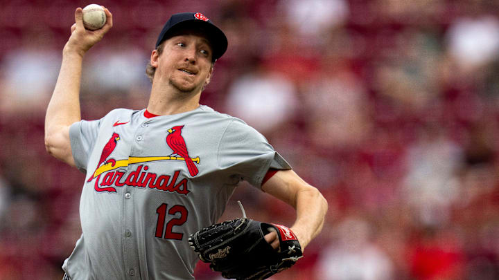 St. Louis Cardinals starting pitcher Erick Fedde (12) delivers a pitch in the first inning of the MLB game between the Cincinnati Reds and the St. Louis Cardinals at Great American Ball Park in Cincinnati on Tuesday, Aug. 13, 2024.