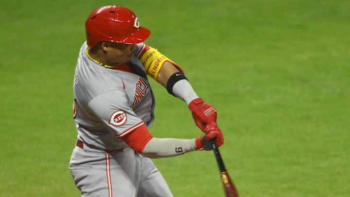 Cincinnati Reds third baseman Noelvi Marte (16) singles in the eighth inning against the Cleveland Guardians at Progressive Field in 2024.