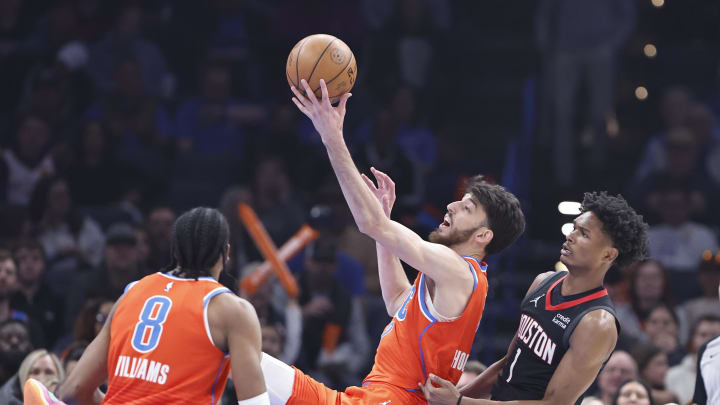 Mar 27, 2024; Oklahoma City, Oklahoma, USA; Oklahoma City Thunder forward Chet Holmgren (7) reaches