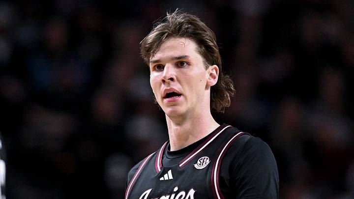 Feb 7, 2026; College Station, Texas, USA; Texas A&M Aggies forward Zach Clemence (7) looks on during the second half against the Florida Gators at Reed Arena. Mandatory Credit: Maria Lysaker-Imagn Images