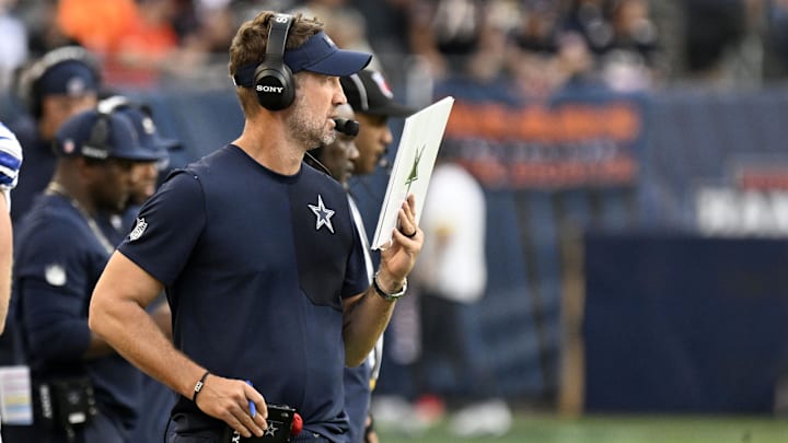 Sep 21, 2025; Chicago, Illinois, USA; Dallas Cowboys head coach Brian Schottenheimer during the second half at Soldier Field. Mandatory Credit: Matt Marton-Imagn Images