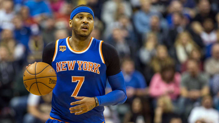Jan 7, 2017; Indianapolis, IN, USA;  New York Knicks forward Carmelo Anthony (7) dribbles the ball in the first half of the game against the Indiana Pacers at Bankers Life Fieldhouse. The Indiana Pacers beat the New York Knicks 123-109.Mandatory Credit: Trevor Ruszkowski-Imagn Images