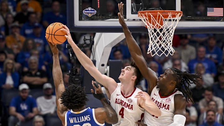Grant Nelson, seen here blocking a shot, will be critical to Alabama's national title chances.