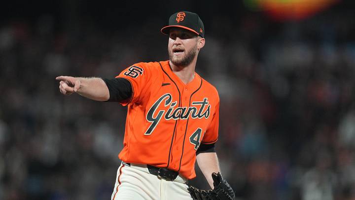 May 8, 2026; San Francisco, California, USA; San Francisco Giants pitcher Caleb Kilian (45) reacts after throwing a pitch against the Pittsburgh Pirates in the ninth inning at Oracle Park. Mandatory Credit: Cary Edmondson-Imagn Images