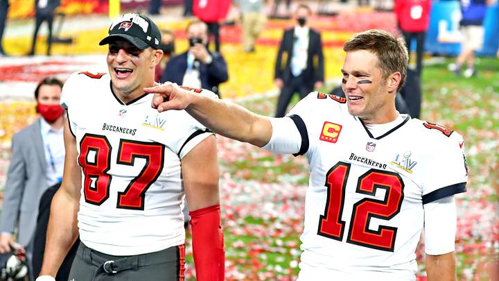 Feb 7, 2021; Tampa, FL, USA; Tampa Bay Buccaneers quarterback Tom Brady (12) and tight end Rob Gronkowski (87) celebrate after beating the Kansas City Chiefs in Super Bowl LV at Raymond James Stadium. Mandatory Credit: Mark J. Rebilas-USA TODAY Sports Feb 7, 2021; Tampa, FL, USA; Tampa Bay Buccaneers quarterback Tom Brady (12) and tight end Rob Gronkowski (87) celebrate after beating the Kansas City Chiefs in Super Bowl LV at Raymond James Stadium. Mandatory Credit: Mark J. Rebilas-USA TODAY Sports
