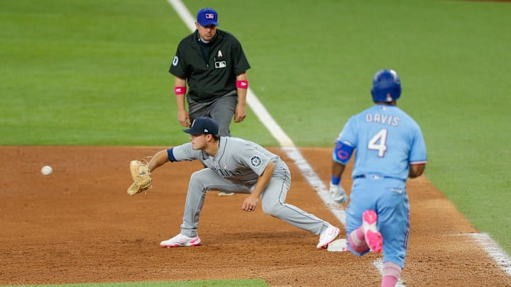 May 9, 2021; Arlington, Texas, USA; Texas Rangers designated hitter Khris Davis (4) grounds out with