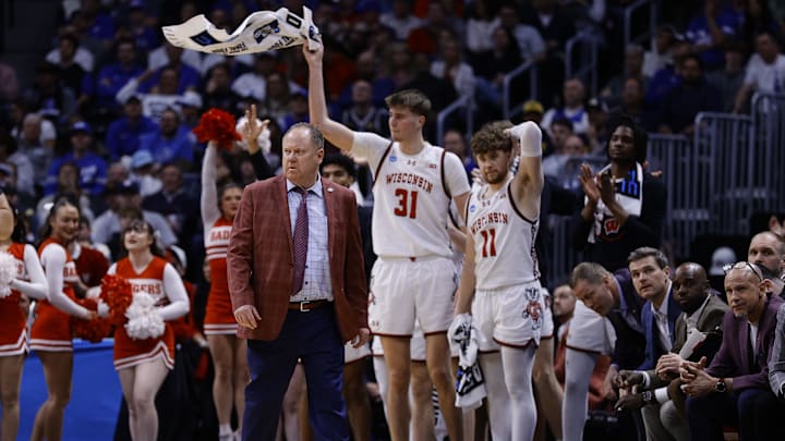 Mar 22, 2025; Denver, CO, USA; Wisconsin Badgers head coach Kevin Young reacts during the second half in the second round of the NCAA Tournament  at Ball Arena. Mandatory Credit: Isaiah J. Downing-Imagn Images