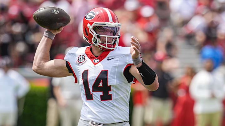 Apr 18, 2026; Athens, GA, USA; Georgia Bulldogs quarterback Gunner Stockton (14) passes the ball during the Georgia Spring football game at Sanford Stadium. Mandatory Credit: Dale Zanine-Imagn Images
