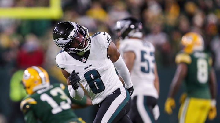 Philadelphia Eagles cornerback Adoree' Jackson reacts after breaking up a pass intended for Green Bay Packers wide receiver Dontayvion Wicks (13) on Monday, November 10, 2025, at Lambeau Field in Green Bay, Wis. The Eagles won the game, 10-7. Philadelphia Eagles cornerback Adoree' Jackson reacts after breaking up a pass intended for Green Bay Packers wide receiver Dontayvion Wicks (13) on Monday, November 10, 2025, at Lambeau Field in Green Bay, Wis. The Eagles won the game, 10-7.