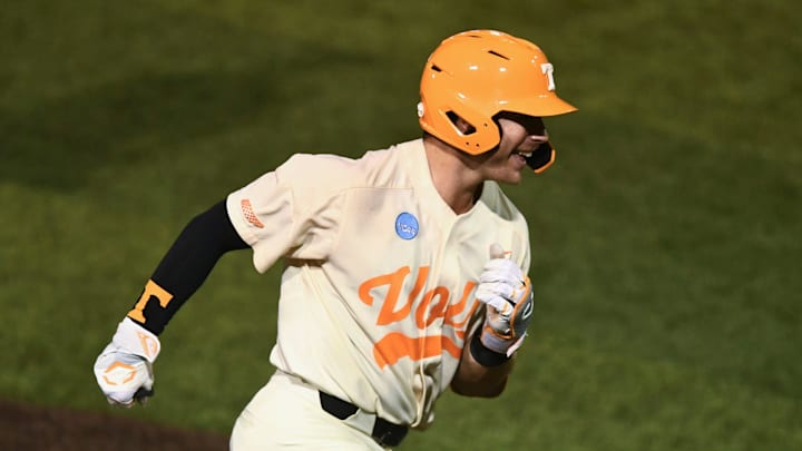 Tennessee's Cal Stark (10) smiles as he rounds the bases after hitting a home run against Southern Miss in the NCAA Baseball Tournament Knoxville Regional on Sunday, June 2, 2024 in Knoxville, Tenn.
