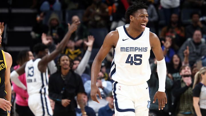 Jan 15, 2024; Memphis, Tennessee, USA; Memphis Grizzlies forward GG Jackson (45) reacts after a three point basket during the second half against the Golden State Warriors at FedExForum. Mandatory Credit: Petre Thomas-Imagn Images