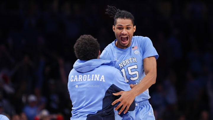 Dec 20, 2025; Atlanta, Georgia, USA; North Carolina Tar Heels forward Jarin Stevenson (15) celebrates after a victory over the Ohio State Buckeyes at State Farm Arena. Mandatory Credit: Brett Davis-Imagn Images
