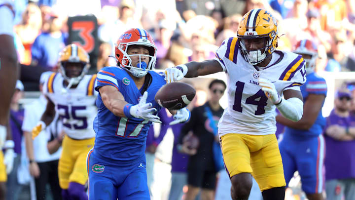 LSU Tigers cornerback Zy Alexander defends Florida Gators wide receiver Chimere Dike. Mandatory Credit: Kim Klement Neitzel-Imagn Images