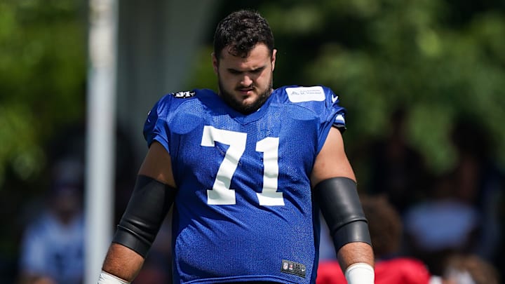 Indianapolis Colts offensive tackle Matt Goncalves (71) walks onto the field Sunday, Aug. 10, 2025, during Indianapolis Colts Training Camp at Grand Park in Westfield. Indianapolis Colts offensive tackle Matt Goncalves (71) walks onto the field Sunday, Aug. 10, 2025, during Indianapolis Colts Training Camp at Grand Park in Westfield.
